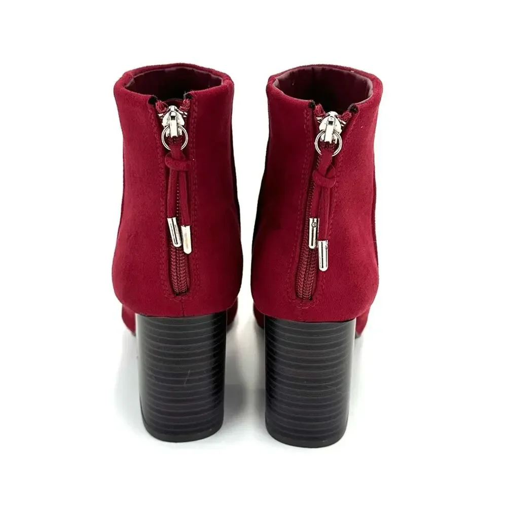 Journee Collection Red Block Heel Ankle Boot Size 7.5 Faux Suede Round Toe New